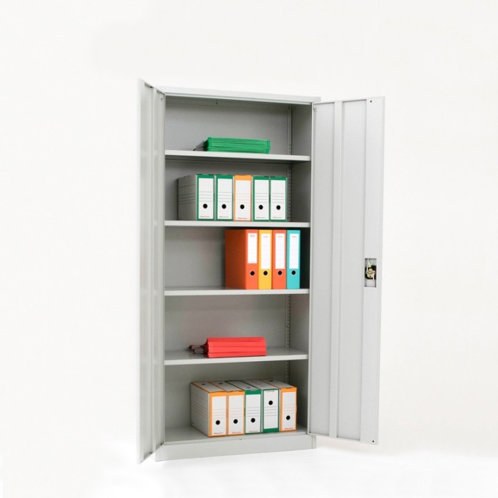 Vista de 3/4 do armário de portas de batente altura 192 cm abertas e arquivos dentro