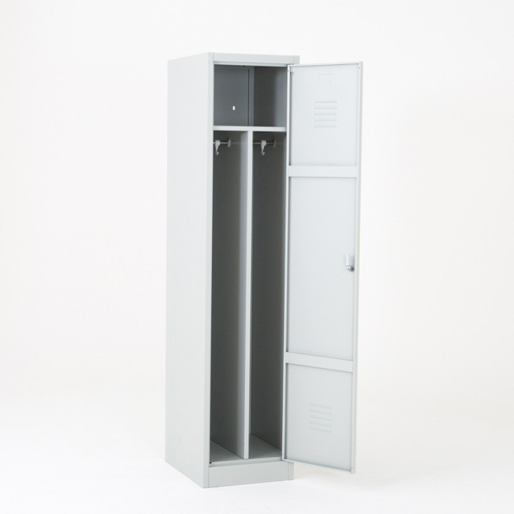 Cacifo metálico simple com separação de roupa limpa/suja cinza com uma porta aberta