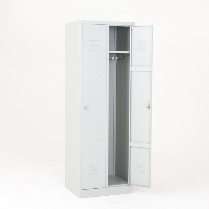 Visaõ geral del cacifo metálico duplo cinza com 1 porta aberta