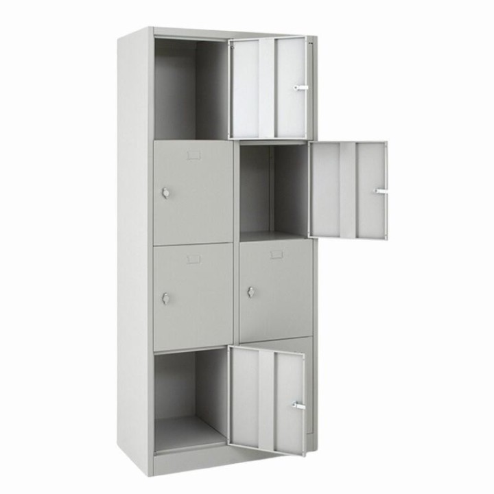 Armário vestiário de aço 8 portas cinza com portas abertas