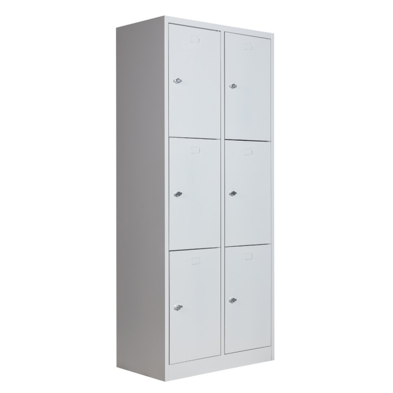 Visão de 3/4 do armário vestiário de aço 6 portas cinza Visão de 3/4 do armário vestiário de aço 6 portas cinza