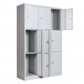 Armário vestiário de aço 9 portas cinza com portas abertas