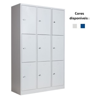 Visão de 3/4 do armário vestiário de aço 9 portas 120 cm cinza