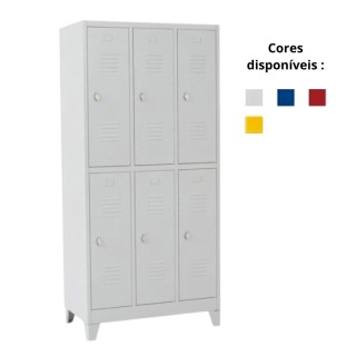 Visão geral Vestiário cacifos sobrepostos 6 portas cinza com pés metálicos e portas fechadas.