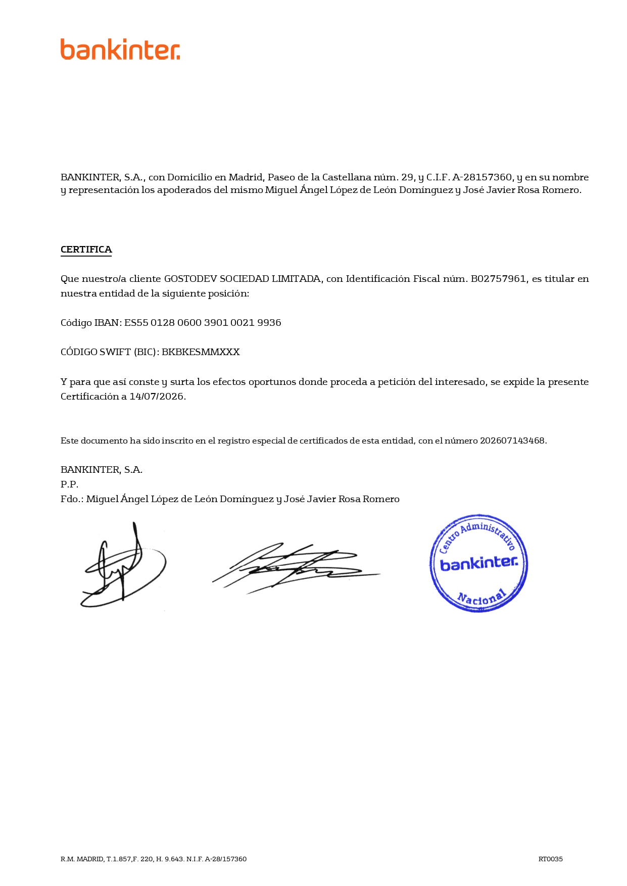 Declaraçao de titularidade de conta bancária